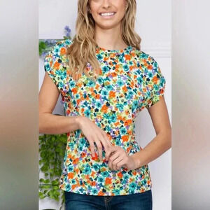 Acting Pro Women's Tie Dyed Colorful Floral Ruched Sleeve Top Sz 1X Soft Stretch